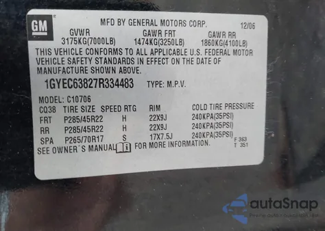 2007 Cadillac Escalade Luxury z USA, uszkodzony, nr VIN 1GYEC63827R334483